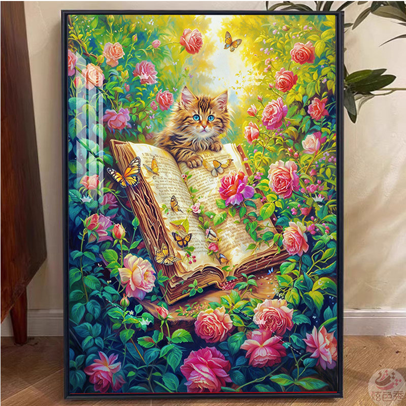 玫瑰庄园的猫咪钻石画2025新款5d十字绣点钻砖石贴画手工diy带框