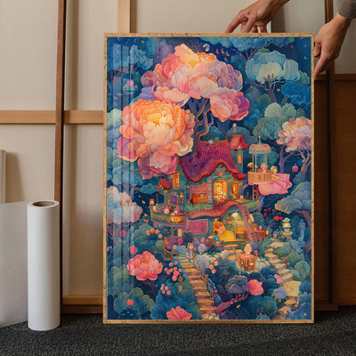 牡丹花童话小屋钻石画2025新款客厅高级感手工贴钻小件十字绣带框