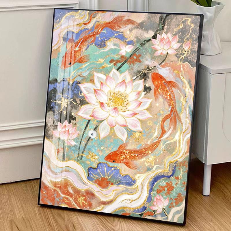 荷花锦鲤钻石画2025新款客厅复古艺术装饰粘贴画十字绣贴钻画带框图片