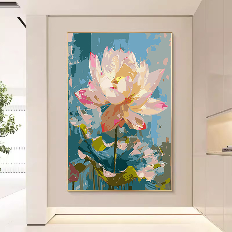 荷花高难度风景数字油画diy油彩画手绘治愈莲花丙烯画卧室装饰画图片