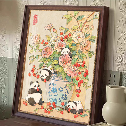 山茶花熊猫钻石画2025新款客厅高难度满钻手工点钻珠画十字绣带框