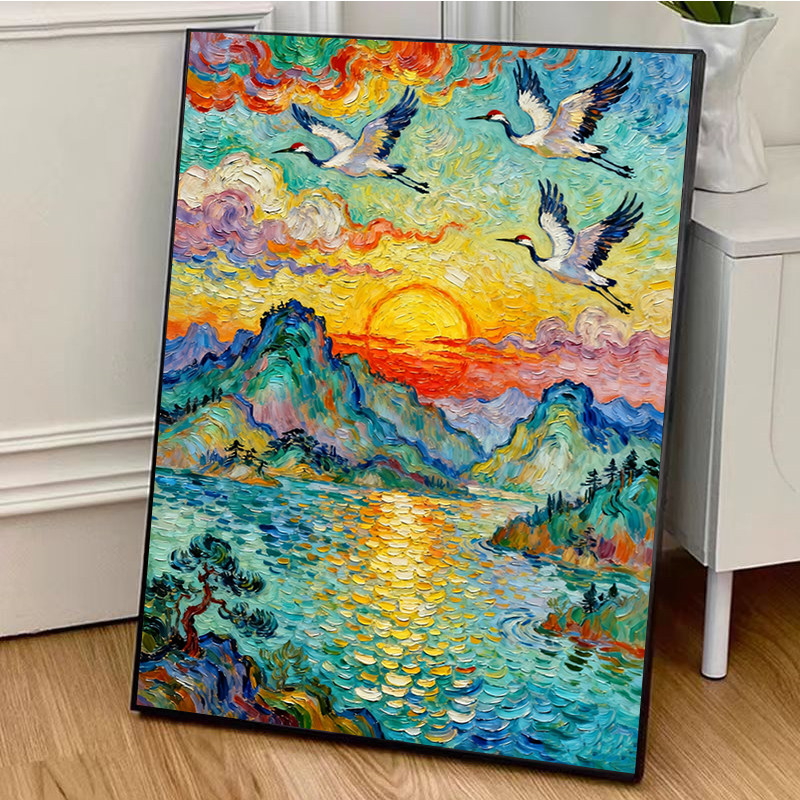 2025新款日出东方白鹤齐飞diy涂色大尺寸数字油画手工填充油彩画