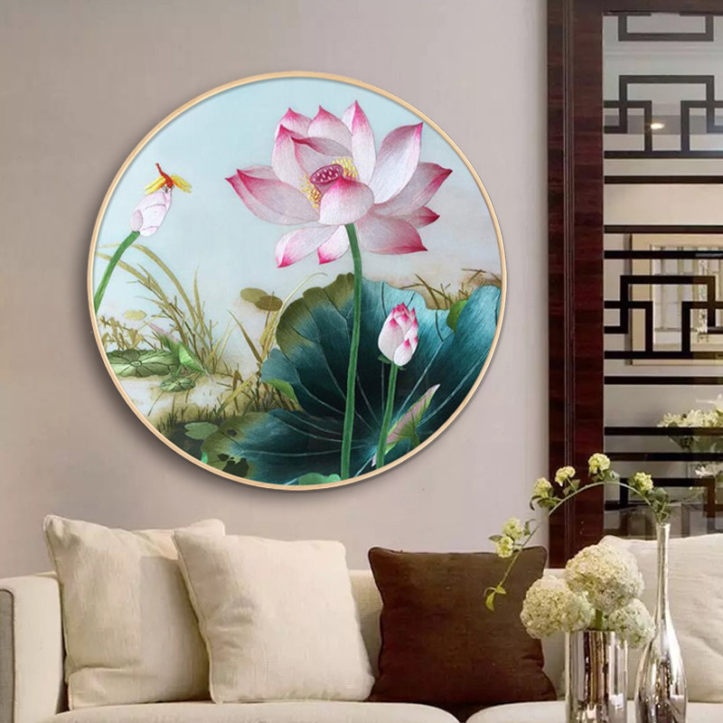 新中式5d钻石画圆形玄关荷花莲花图点贴钻十字绣2020客厅砖石绣