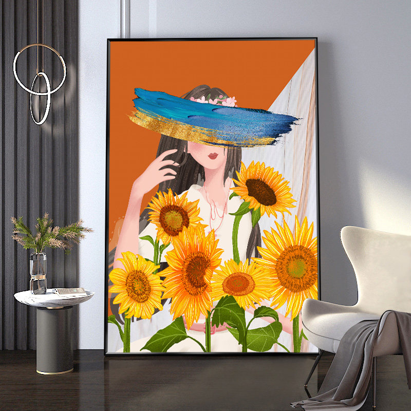钻石画满钻5d客厅珠绣小件带框十字绣2021新款绣向日葵花女孩现代