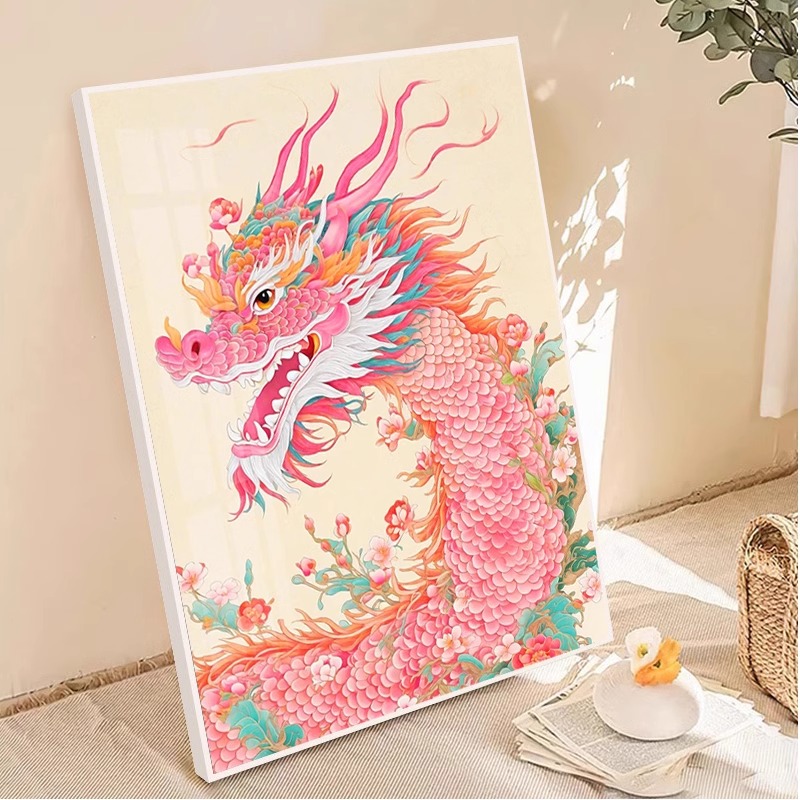 粉色桃花中国龙钻石画手工贴艺术创意精致客厅装饰画5d十字绣刺绣图片