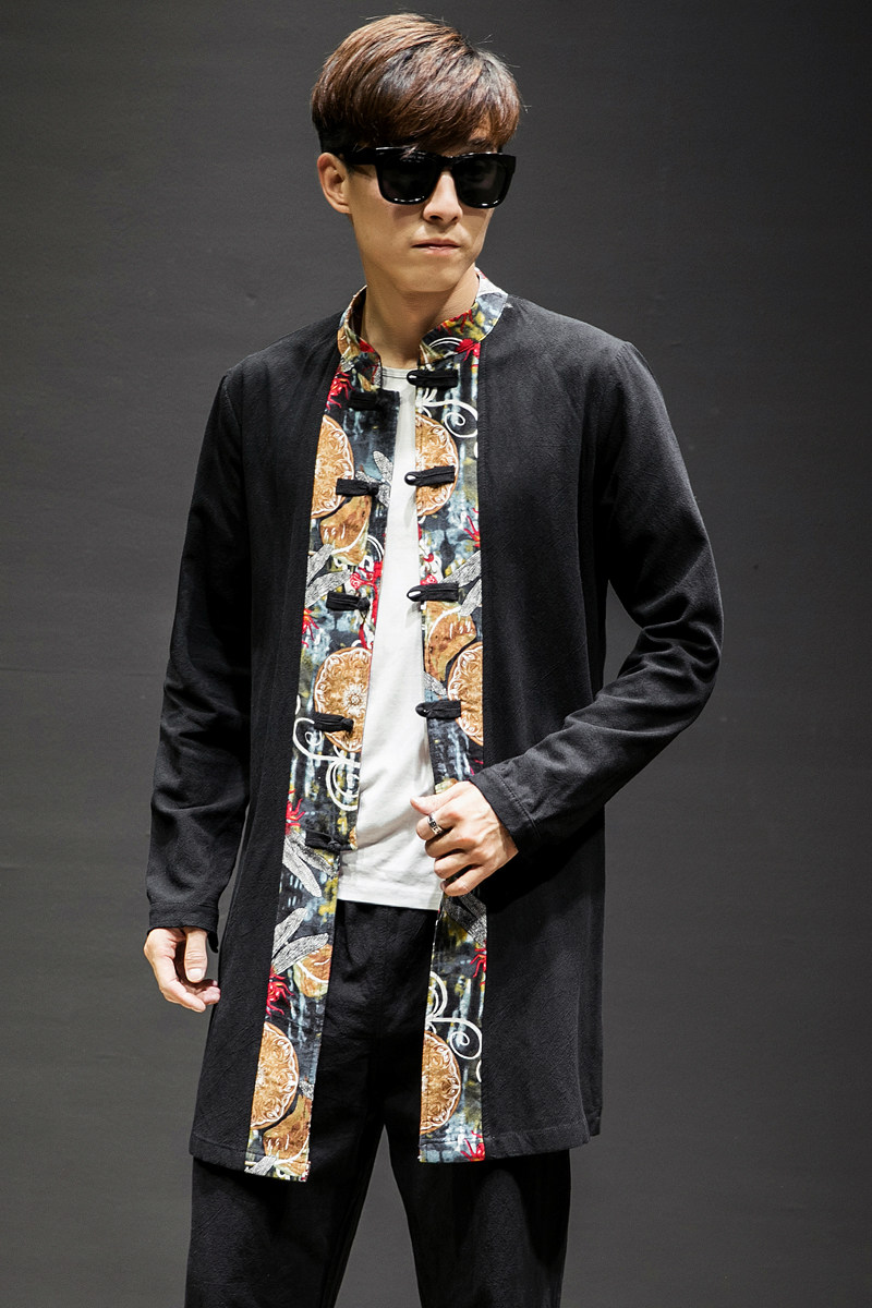 春秋季潮大码男装中长款衬衫长袖盘扣唐装寸衣6020-1/8819/,男装衬衫,电商B275