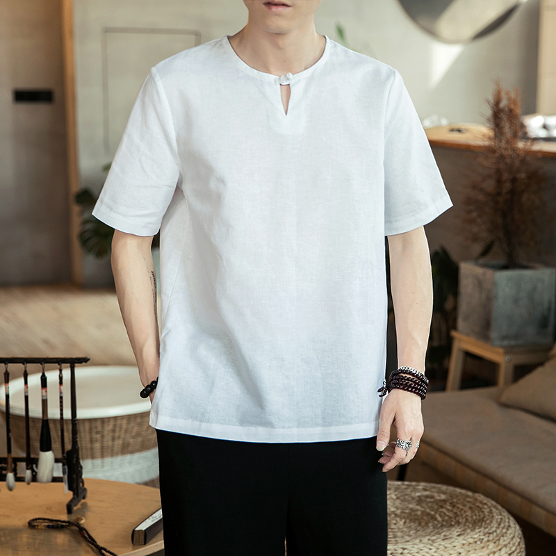 夏日系复古风棉麻短袖T恤男薄汗衫盘扣大码上衣6020-1-T9901，男装T恤，电商B275