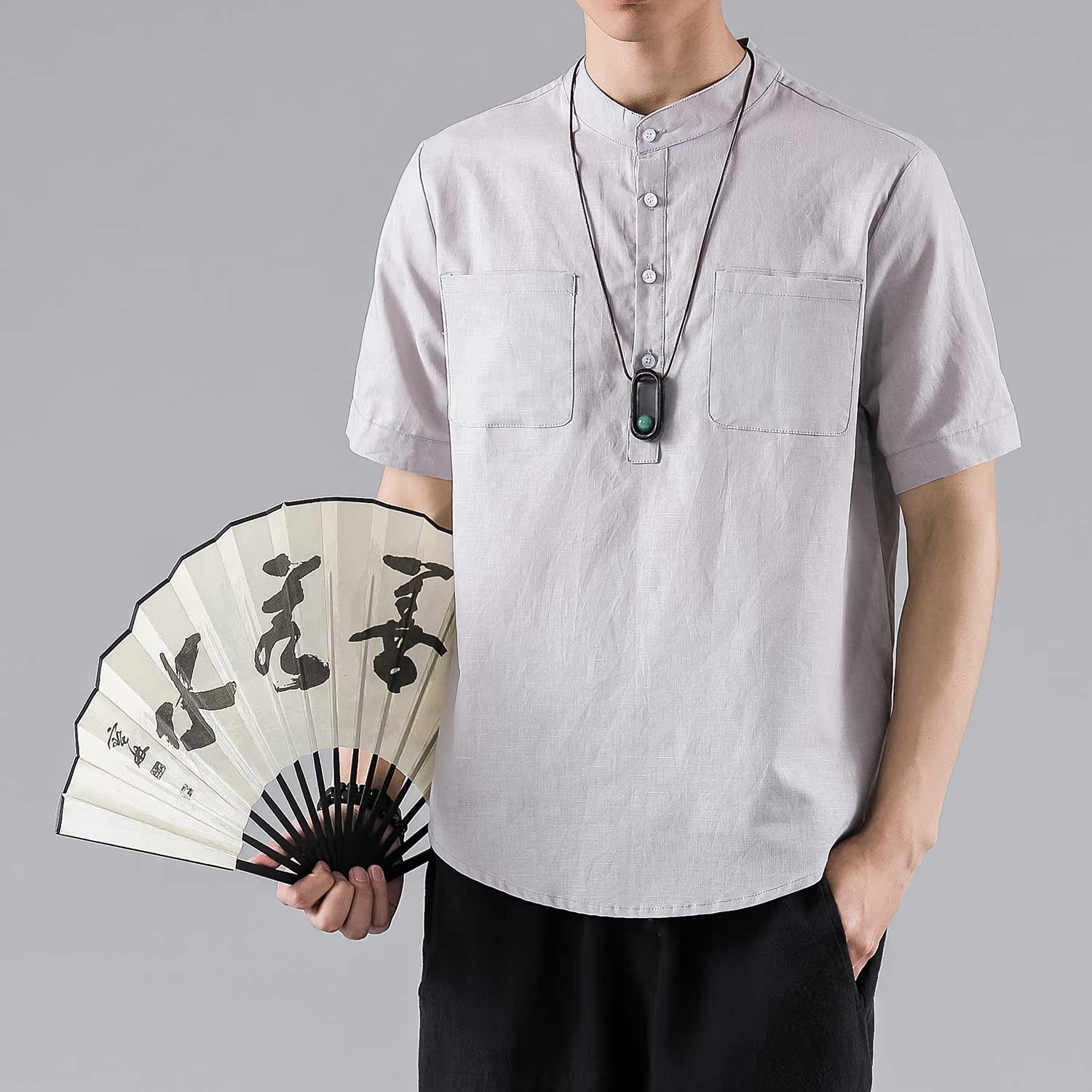 2021夏天立领汗衫棉麻中式复古风男短袖T恤大码胖打底衫T9905，男装T恤，电商B275