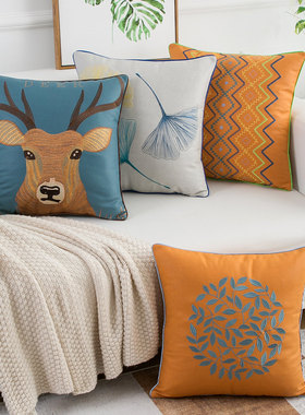 科技布橙色轻奢刺绣抱枕套不含芯正方北欧风沙发抱枕靠垫客厅靠枕