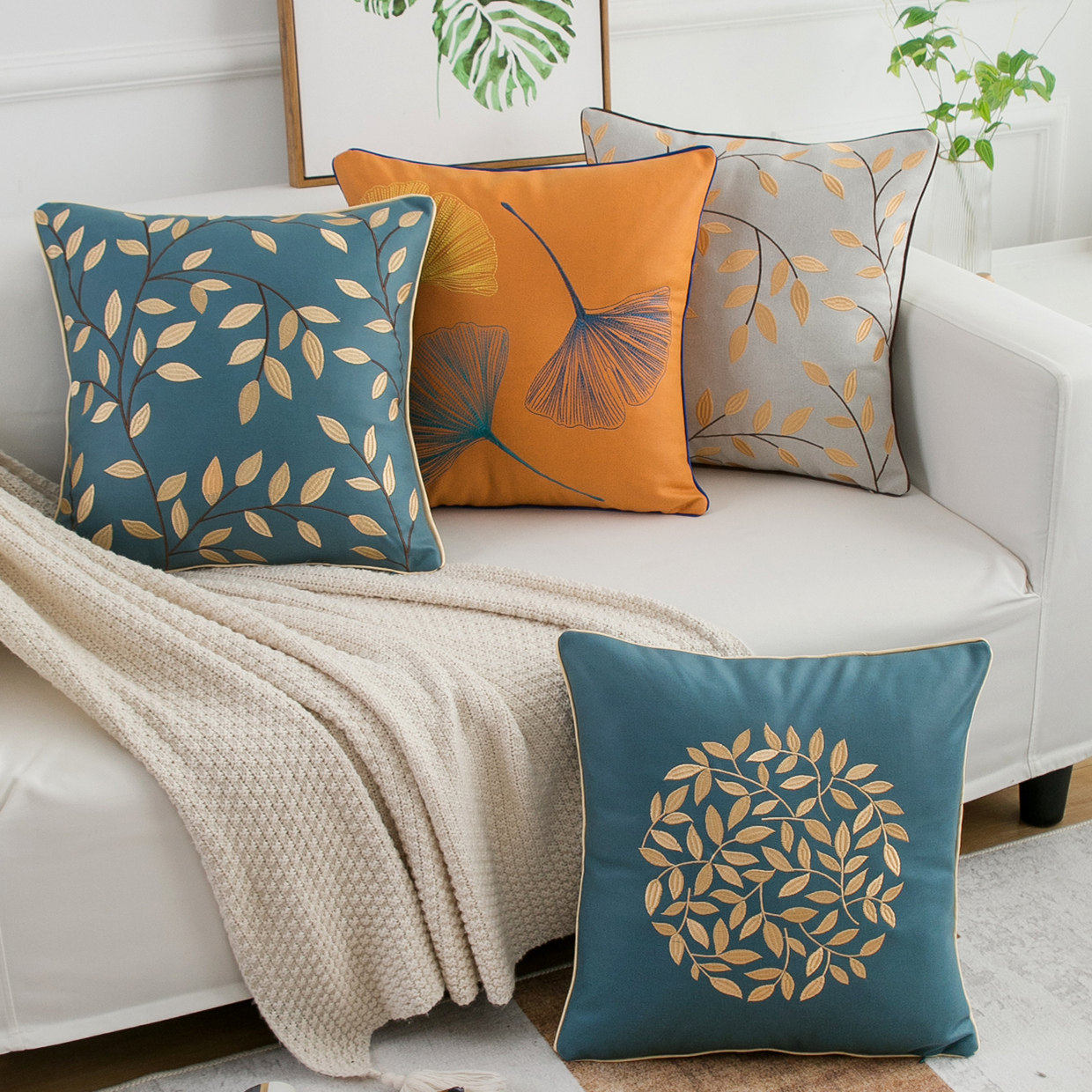 科技布橙色轻奢刺绣抱枕套不含芯正方北欧风沙发抱枕靠垫客厅靠枕