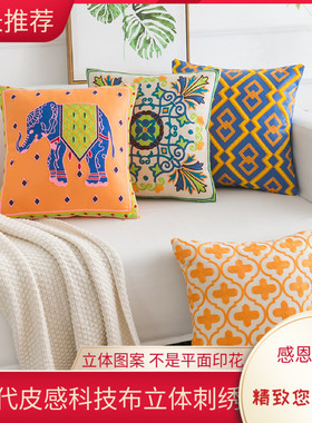 科技布橙色轻奢刺绣抱枕套不含芯正方北欧风沙发抱枕靠垫客厅靠枕