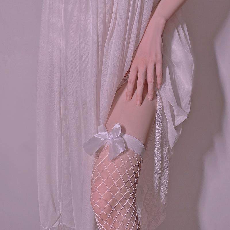 小污女 lolita性感长筒白丝袜jk蝴蝶结过膝渔网袜美腿情趣诱惑cos