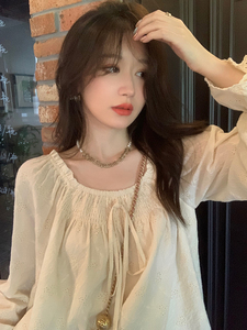 杨杨YANGRUOYU米白色法式复古方领衬衫女设计感小众独特别致上衣