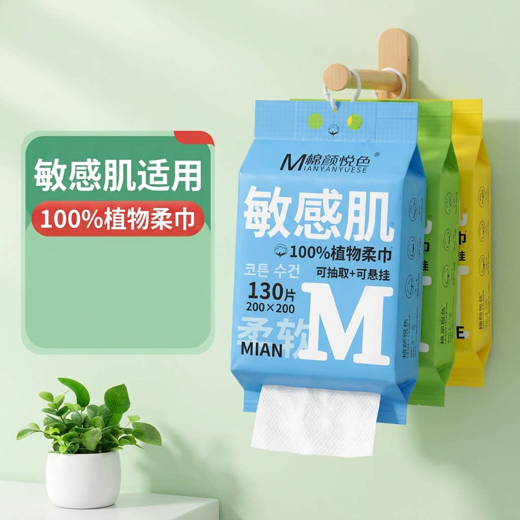棉颜悦色植物柔巾可抽取悬挂130片柔软亲肤适合敏感肌宝宝可用款