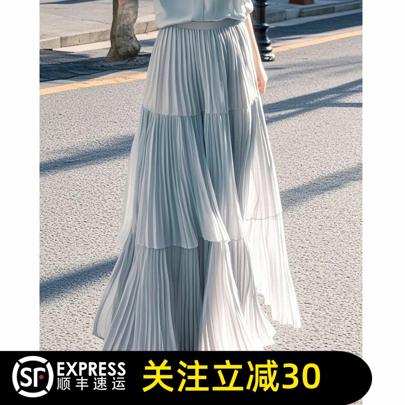 哥弟清仓官方2025夏季新款高腰百褶蛋糕裙女显瘦中长裙半身裙