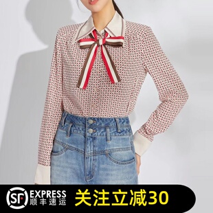 哥家官方2026春秋新款飘带印花衬衣休闲圆点雪纺长袖衬衫女