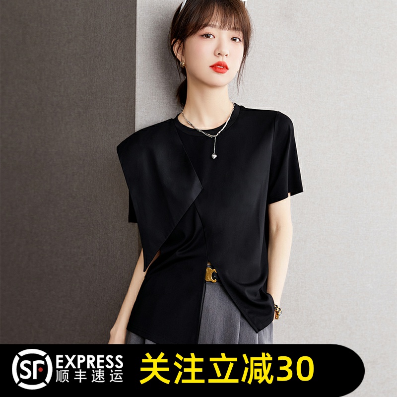 哥弟清仓2025夏季新款不规则休闲圆领短袖T恤性拼接开叉上衣