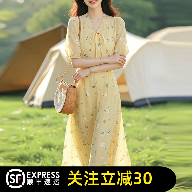 哥弟清仓官方2025夏新款黄色碎花泡泡袖连衣裙女短袖中长裙