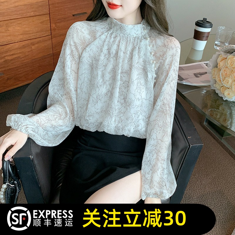 哥弟清仓官方2025春夏新款立领印花休闲灯笼袖衬衫女士气质衬衣
