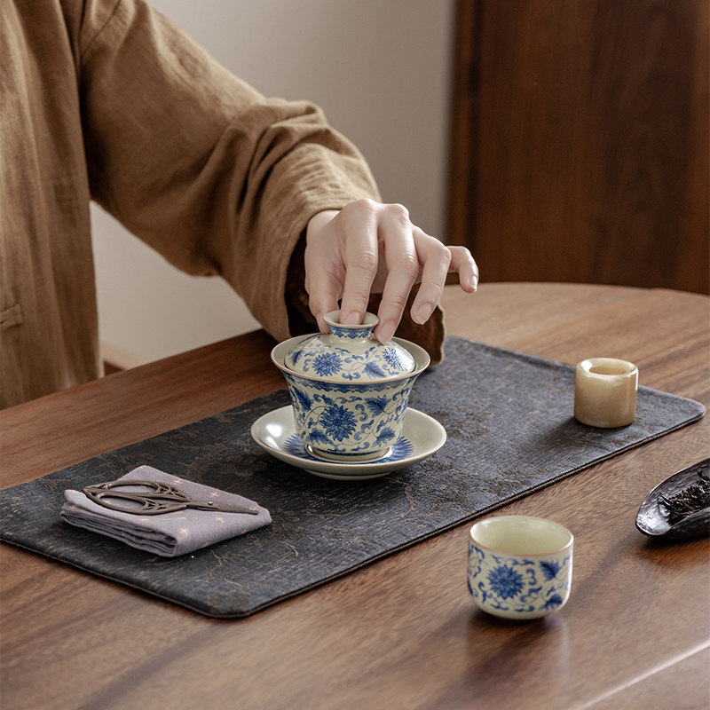 豆黄汝窑青花三才盖碗茶杯单个高档茶碗带盖珐琅彩功夫茶具泡茶器