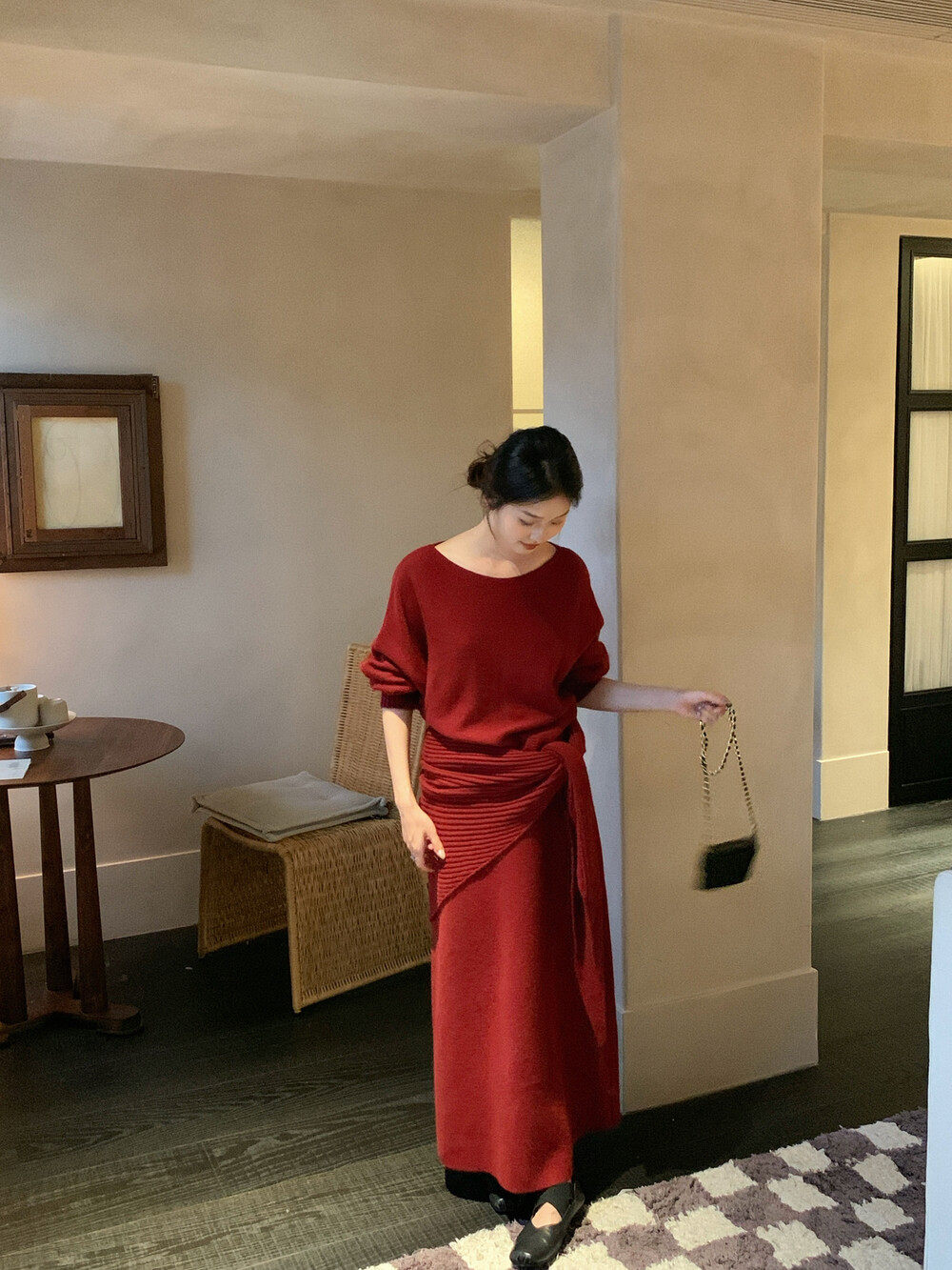 冬季半身裙套装配披肩（含羊毛）套装加厚女毛衣红色宽松版显瘦