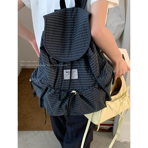 咔咔家格子尼龙帆布双肩背包