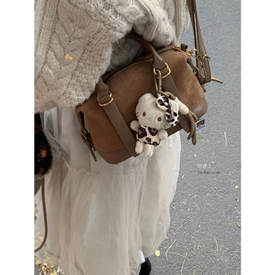 复古麂皮绒手提包包女冬季2024新款潮韩国保龄球包多功能斜挎包