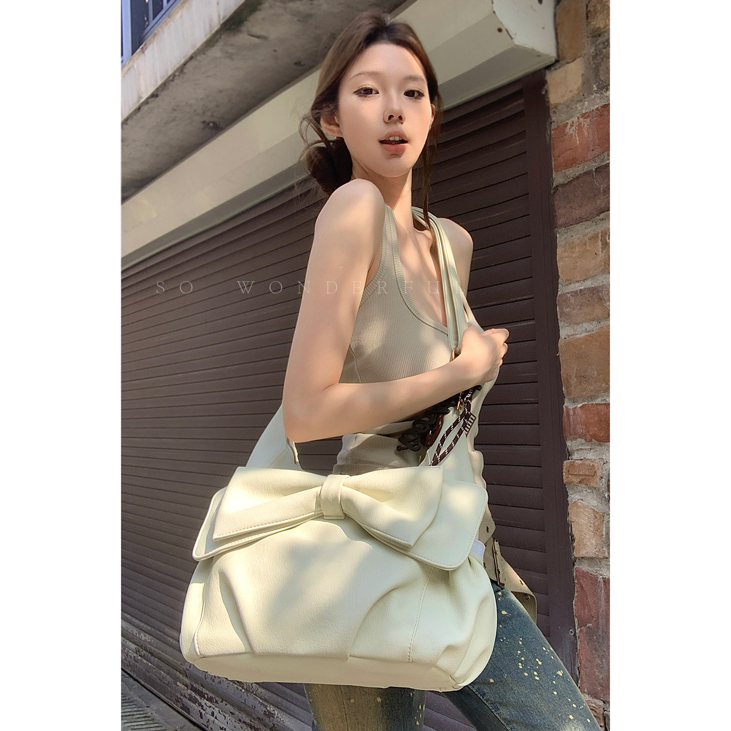 韩国小众大蝴蝶结斜挎包包女2026新款潮时尚麂皮绒托特包大容量包