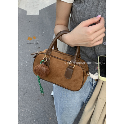 复古手提保龄球包包女2024新款秋冬潮韩国小方包仿鹿皮单肩斜挎包