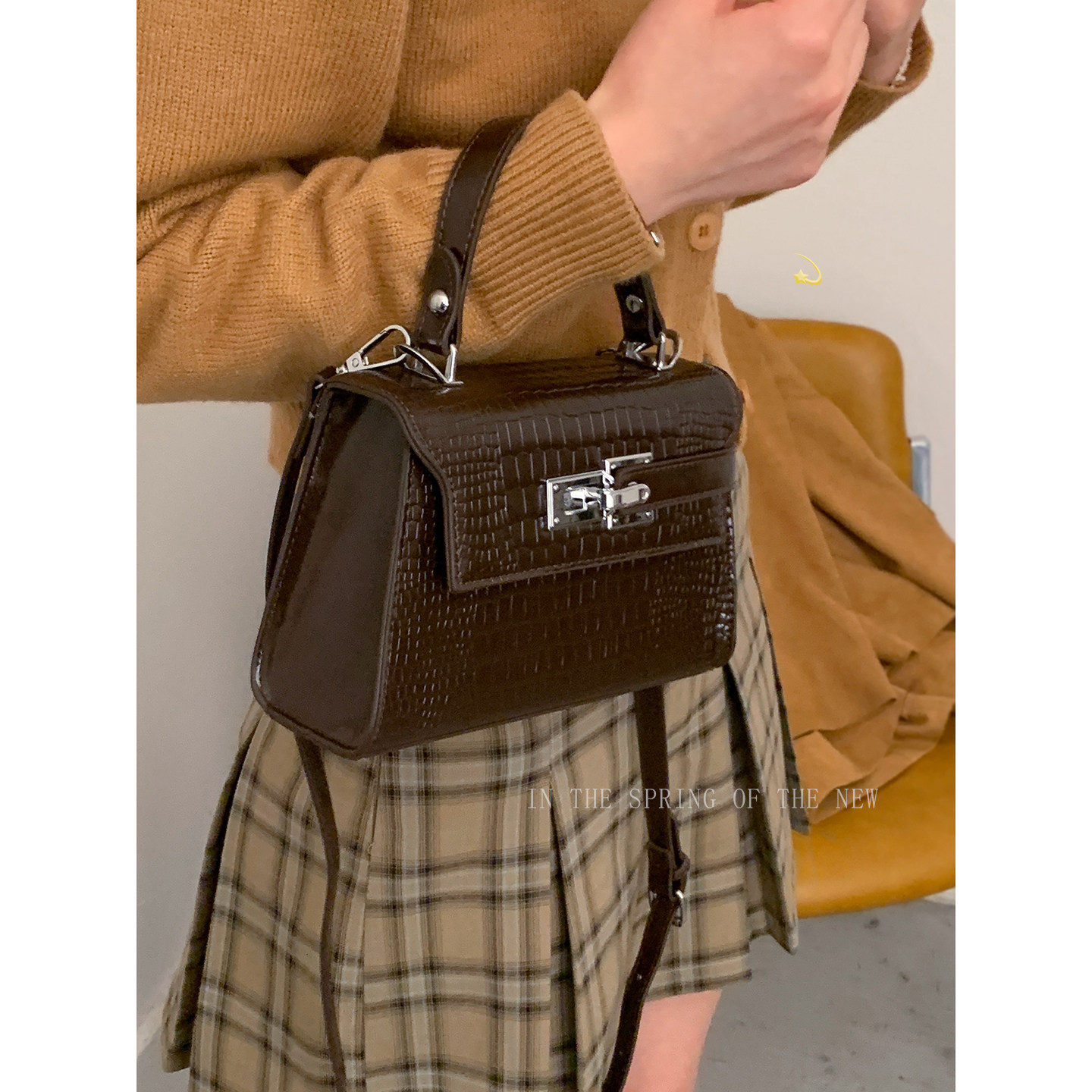 复古鳄鱼纹手提小方包包女2025新款潮时尚气质通勤凯莉包斜挎包