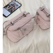 粉色丝绒包包女2023新款 潮时尚 小香风菱格链条包百搭斜挎包小方包