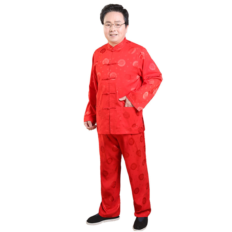 唐装男夏季中老年人爸爸60岁薄款长袖生日大红色爷爷衣服短袖套装