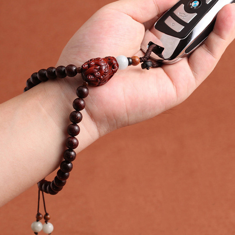 高档天然紫檀木雕龙头虎头汽车钥匙扣男士佛珠手串钥匙挂饰装饰品