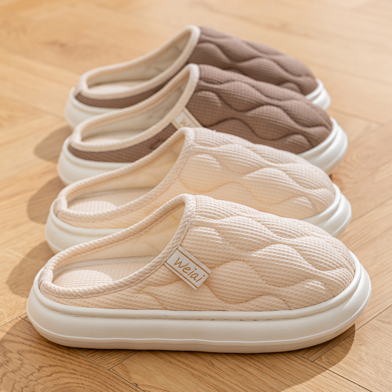 家用拖鞋春秋冬季四季女情侣居家防滑室内棉麻布亚麻踩屎感厚底男