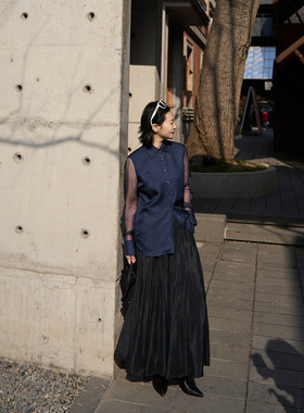 TOFOD 福利~行云流水 高级仙衬衫真丝斜纹绸+欧根纱衬衣宽松上衣