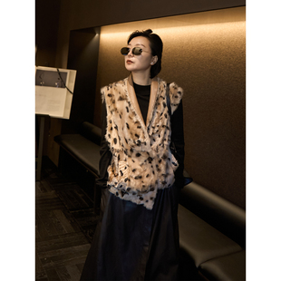 TOFOD 胎羔羊小湖羊皮毛一体老钱风帅痞风皮草马甲外套 花花羊