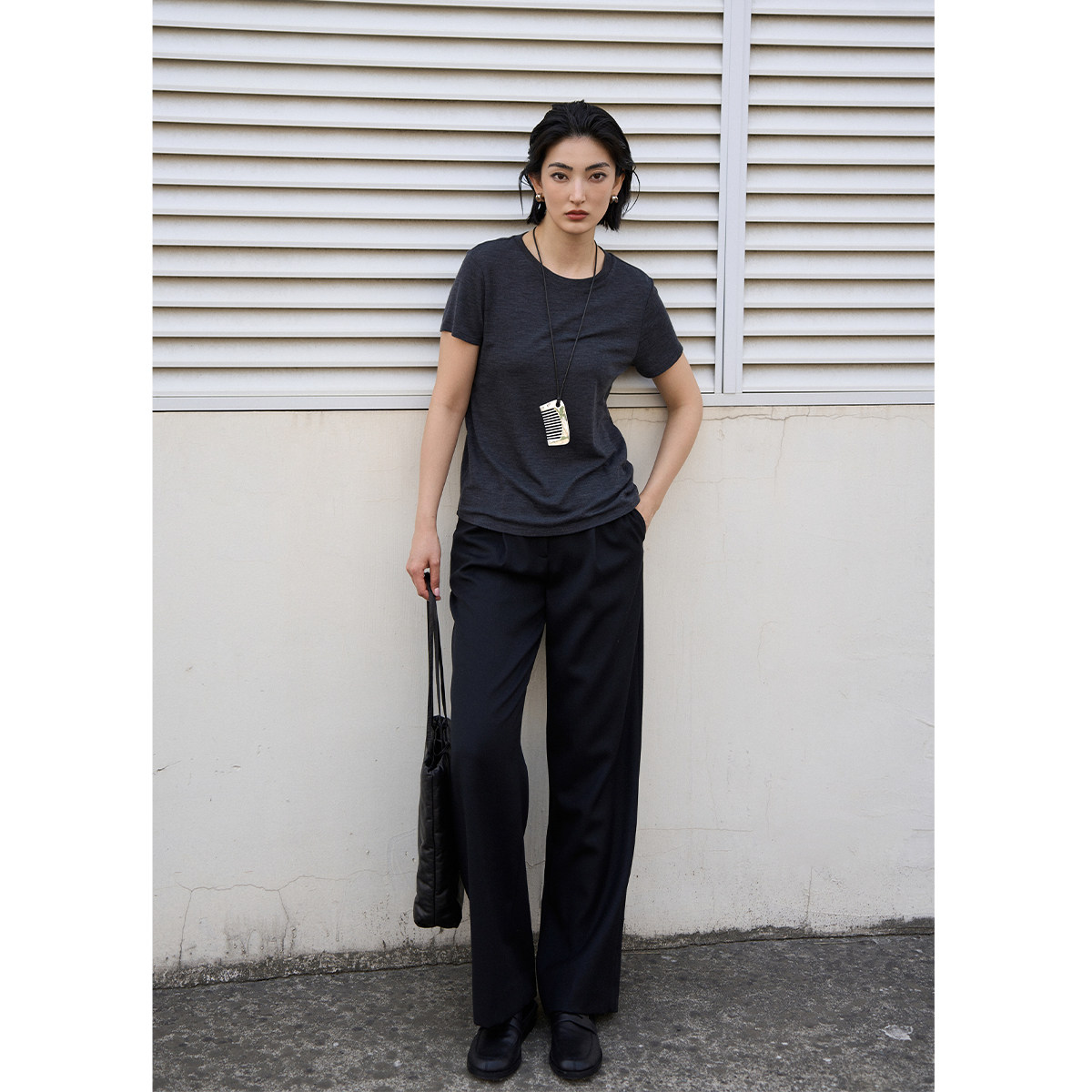 TOFOD 超A裤 进口精纺纯羊毛黑色西裤阔腿休闲裤女直筒裤子