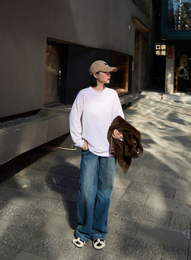 TOFOD Row有机棉T恤 新款长袖纯棉打底衫黑白色宽松内搭圆领上衣