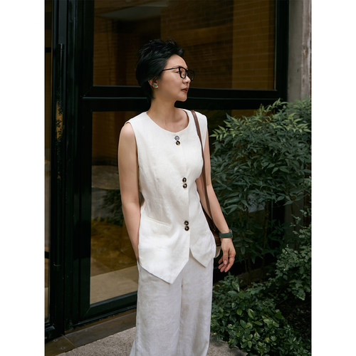 TOFOD 老钱风进口亚麻西装马甲女短款气质圆领背心马夹上衣