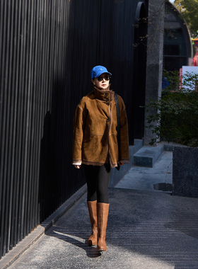 TOFOD 猾子 法国进口 青山羊羔皮毛一体帅痞慵懒风宽松皮草外套