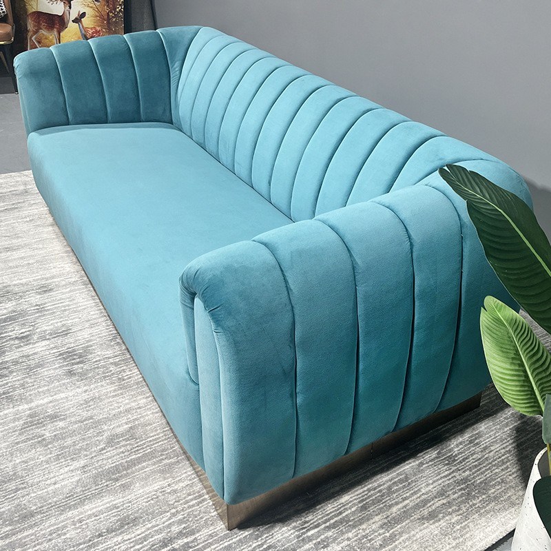 简约现代蓝色绒布双三人沙发美式小户型客厅休闲沙发时尚摄影沙发