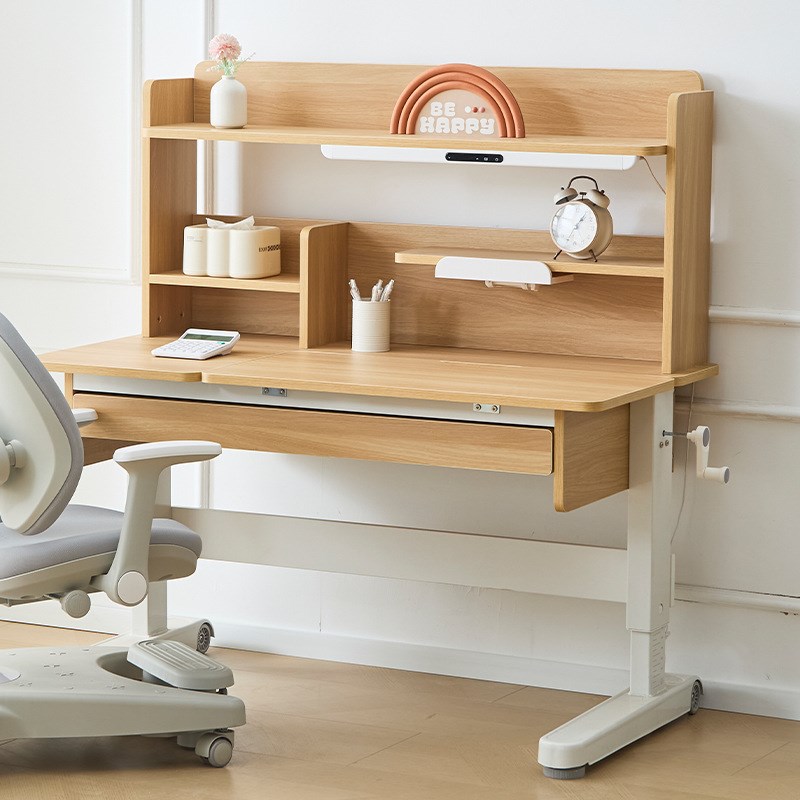 儿童学习手摇升降桌带书架可收纳书桌学生简约卧室家用写字桌套装