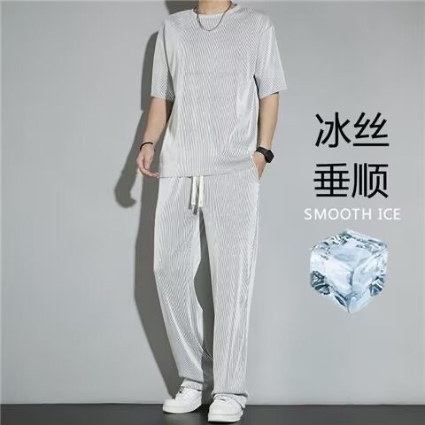 冰丝高级感运动套装男士夏季居家休闲长裤子短袖t恤速干衣服一套