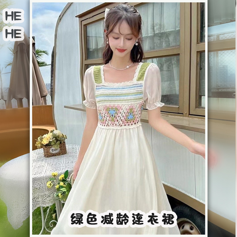 中长款雪纺短袖连衣裙小仙女镂空蕾丝刺修绿色夏季减龄清凉薄款