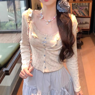 春秋新款 甜美奶系穿搭吊带开衫 纯欲辣妹碎花蓬蓬半身裙三件套装