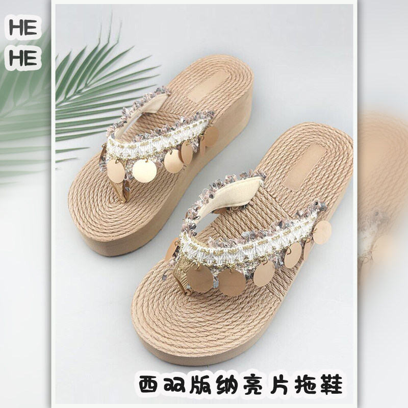 西双版纳厚底夹脚人字拖民族风亮片夏季坡跟凉拖鞋女云南旅游外穿