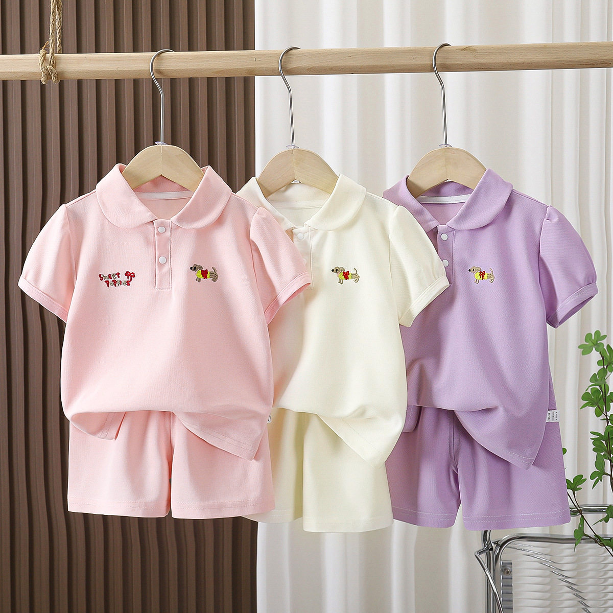 女童polo衫短袖短裤套装刺绣夏新款两件套T恤洋气儿童装女孩夏装