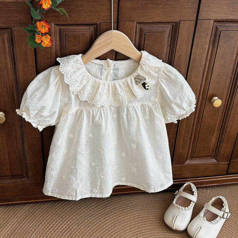 女童短袖衬衣夏季新款时尚洋气花边衬衫纯棉女童洋气花边短袖衬衫
