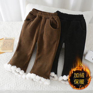 女童加绒裤子秋冬季女宝宝加厚长裤儿童外穿洋气时髦微喇叭休闲裤