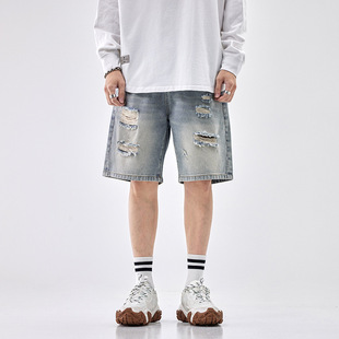专柜夏季复古破洞牛仔短裤新款宽松休闲男士五分裤中裤破烂短裤子